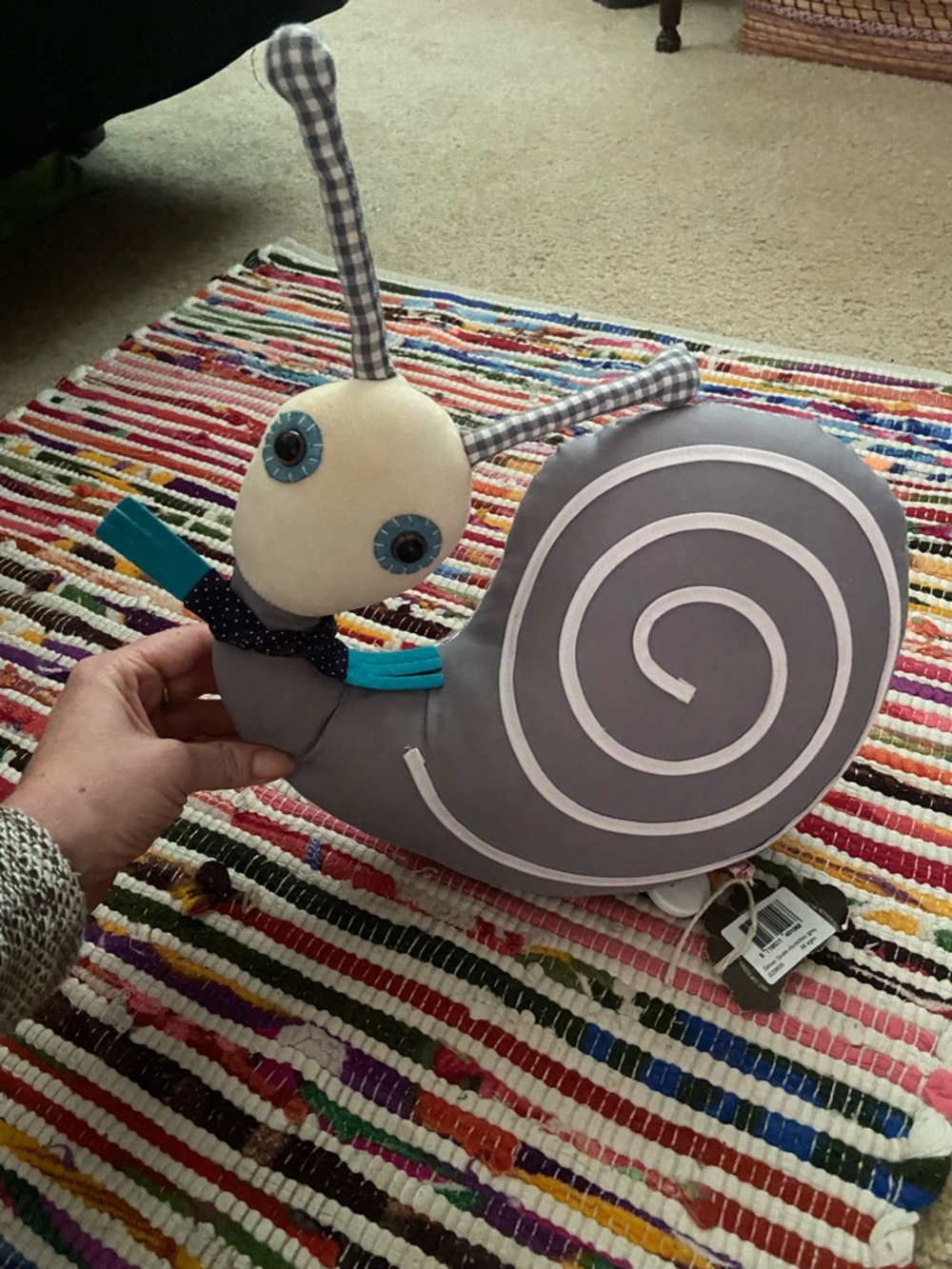Gray Spiral Snail Plush Pillow with Teal Accents